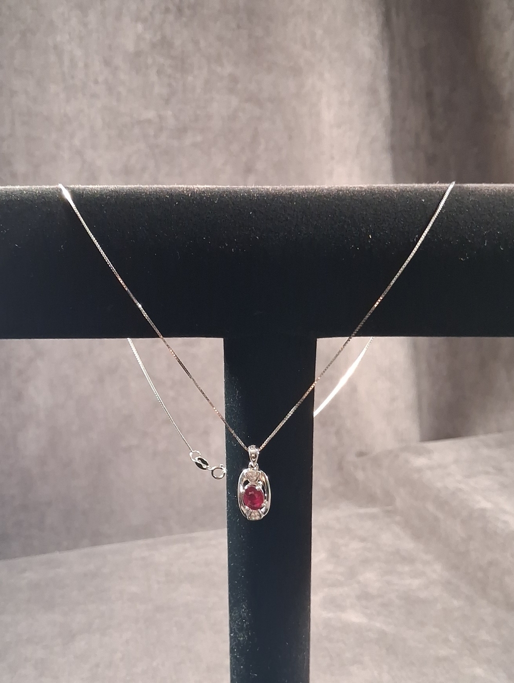 Marked 925 Sterling Silver Ruby Cubic Zirconia Pendant + 18" 1mm Box Chain VG+